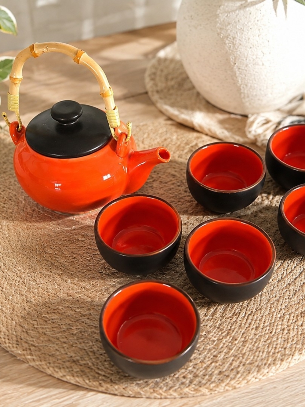 Japanese Style Ceramic Tea Set Teapot + 6 Cups Bamboo Handle